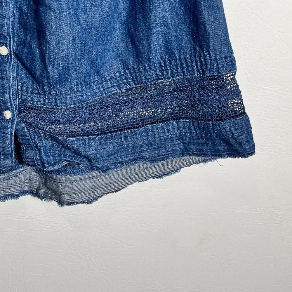 Old Navy Puff Sleeve Oversized Lace-Trimmed Denim Chambray Swing Blouse Small